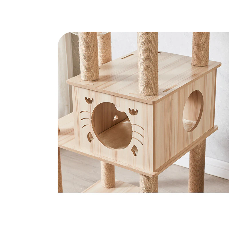 185cm Modern Multi-Level Large Real Solid Wood Cat Tree, Luxury Wooden Cat Tower - Image 5