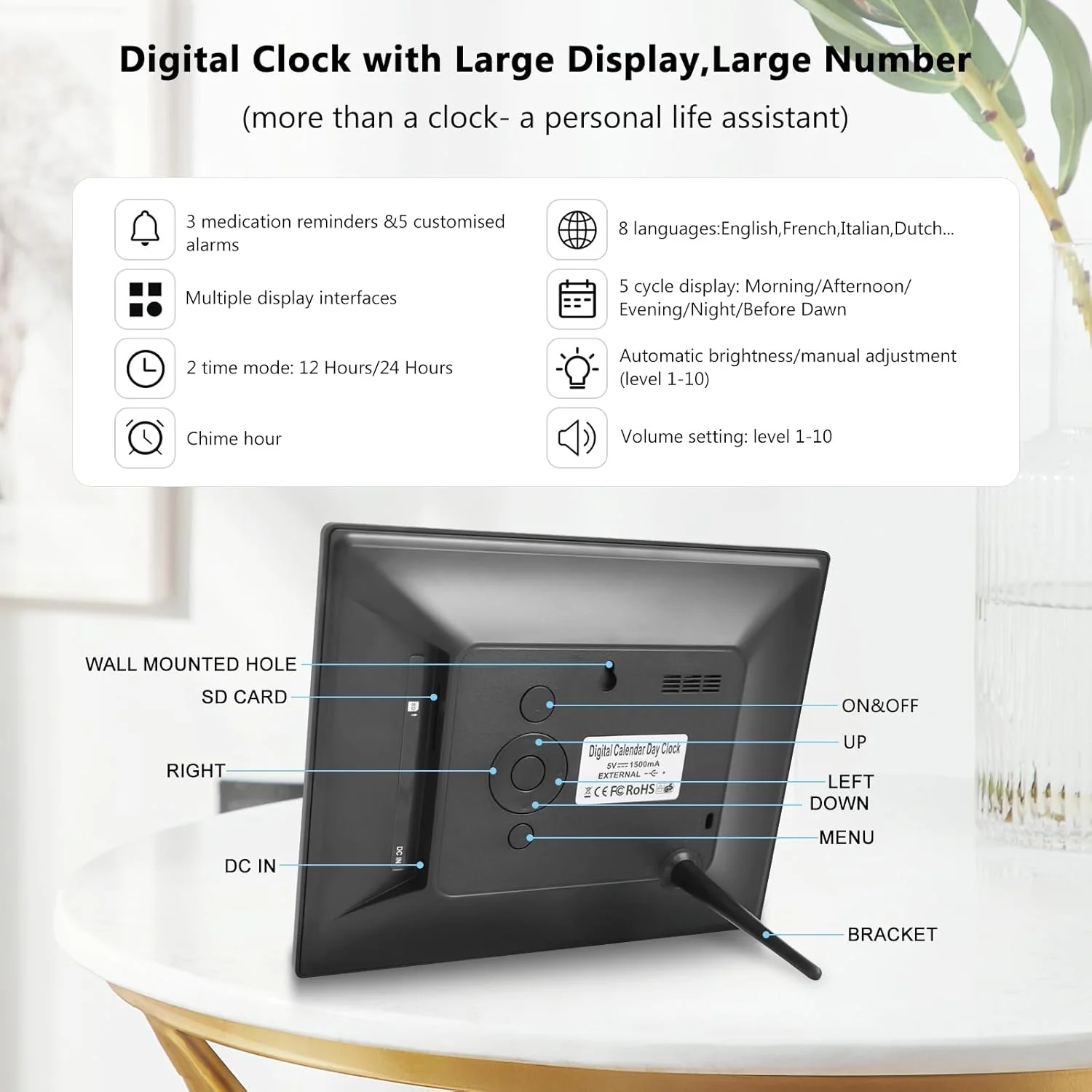 8inch LED Dementia Digital Calendar Clock Alarm Extra Large Day/Week/Month/Year - Image 8