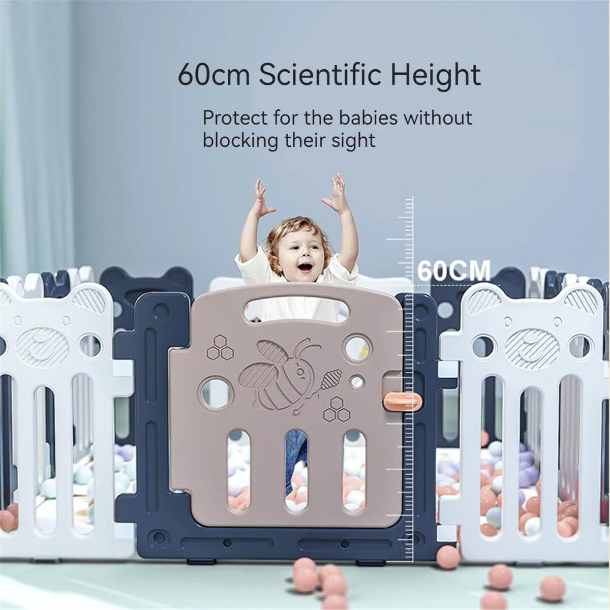 Baby Playpen 18+2 Panels (Little Bear & Bee)-Blue / White - Image 2