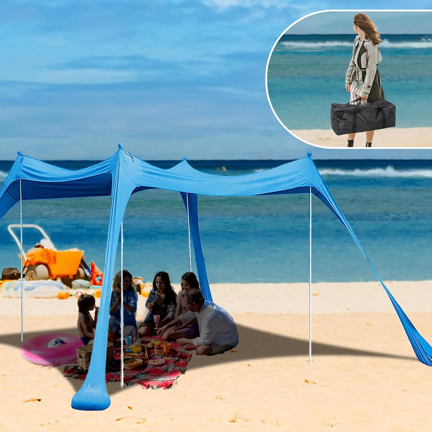 Beach Canopy with 4 Aluminium Poles – UPF 50+ Large Portable Sun Shelter (300 × 300 cm) - Image 2