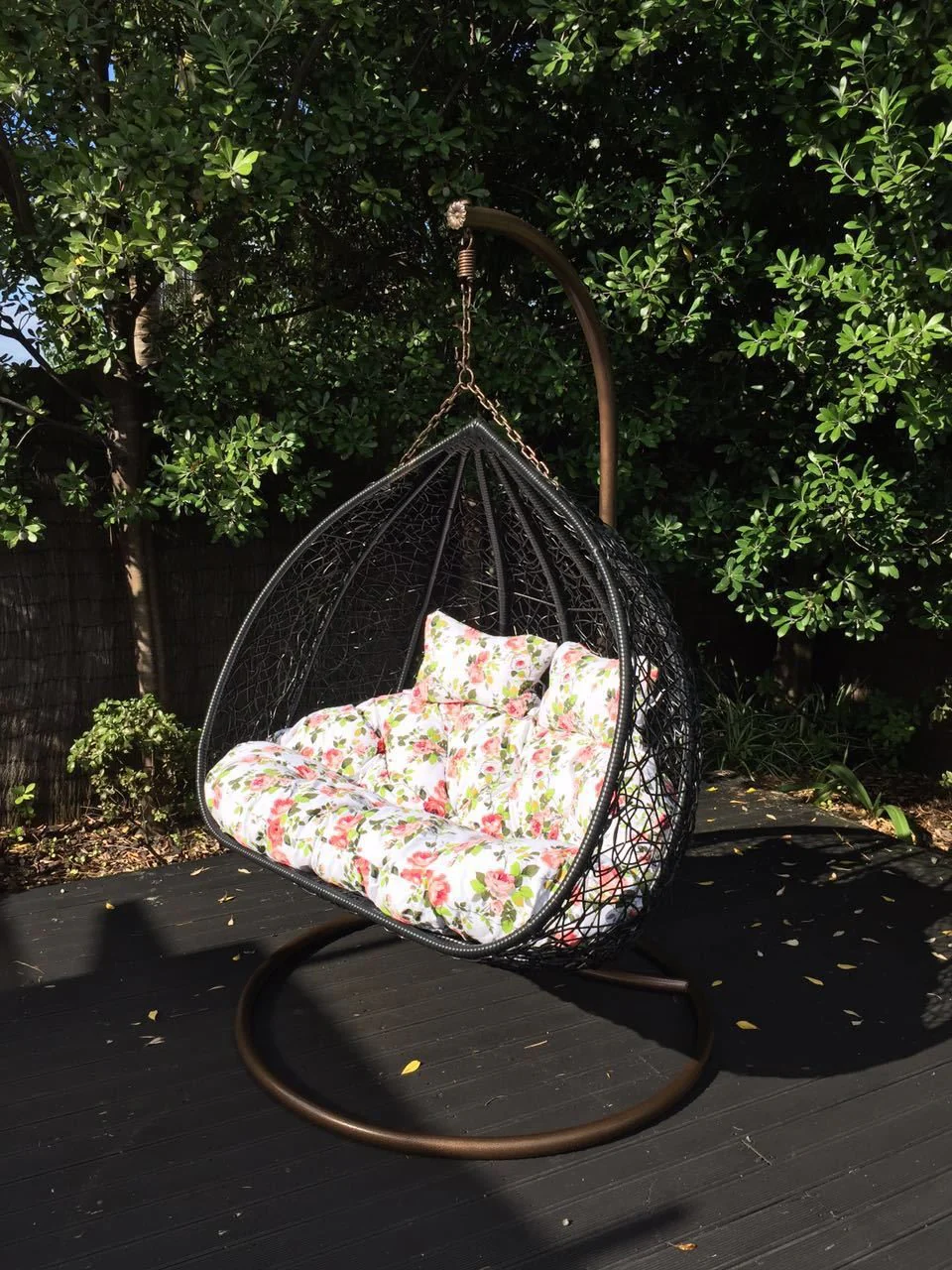 Black Hanging Rattan Swing Patio Garden Chair Weave Egg Cushion - Image 2