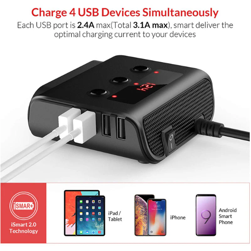Car Cigarette Lighter Adapter 12V/24V 3-Sockets Vehicles Lighter with 4 USB - Image 5
