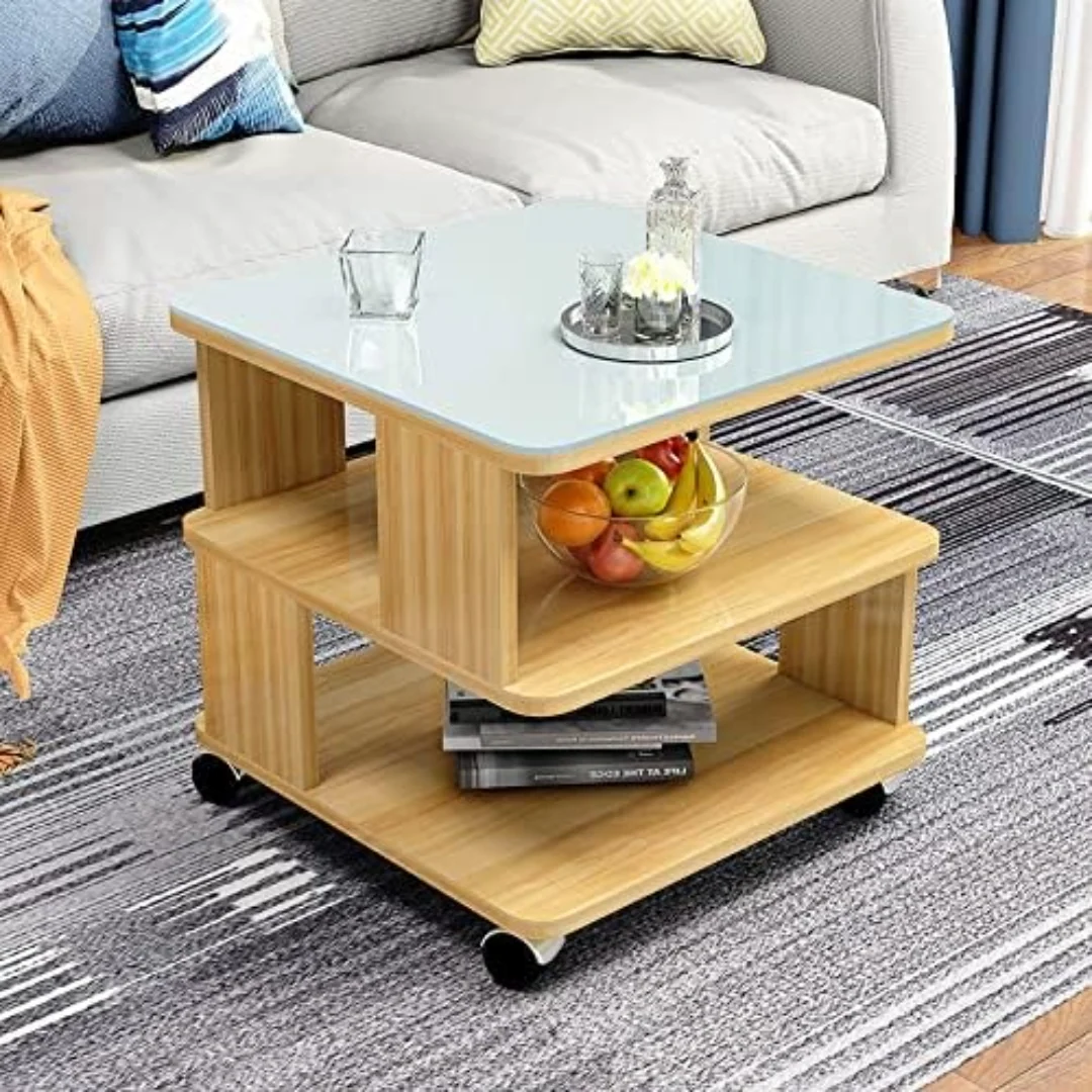 Coffee Table Side Table with Wheels and Glass Top - Image 2