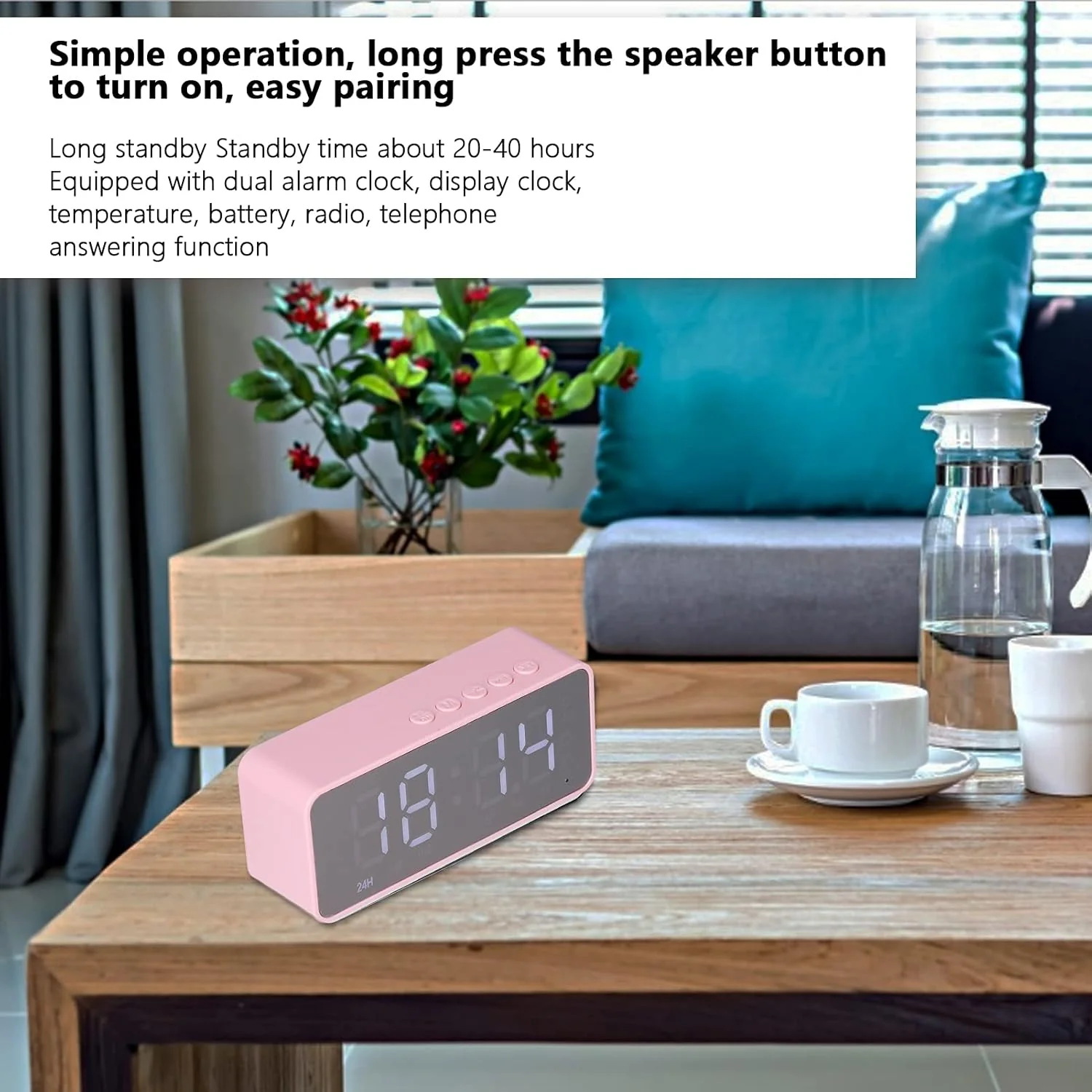 Digital Smart Alarm Clock With Bluetooth Speaker (Pink) - Image 4