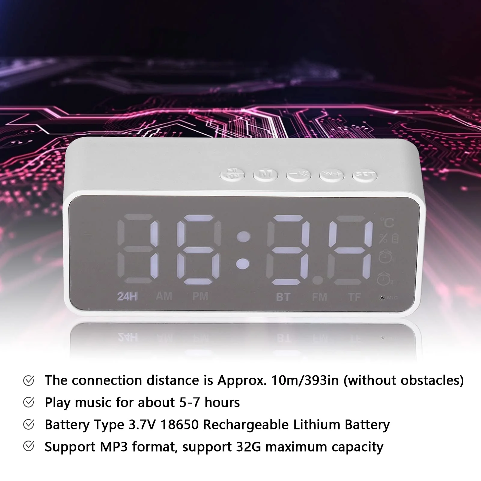 Digital Smart Alarm Clock With Bluetooth Speaker (White) - Image 5
