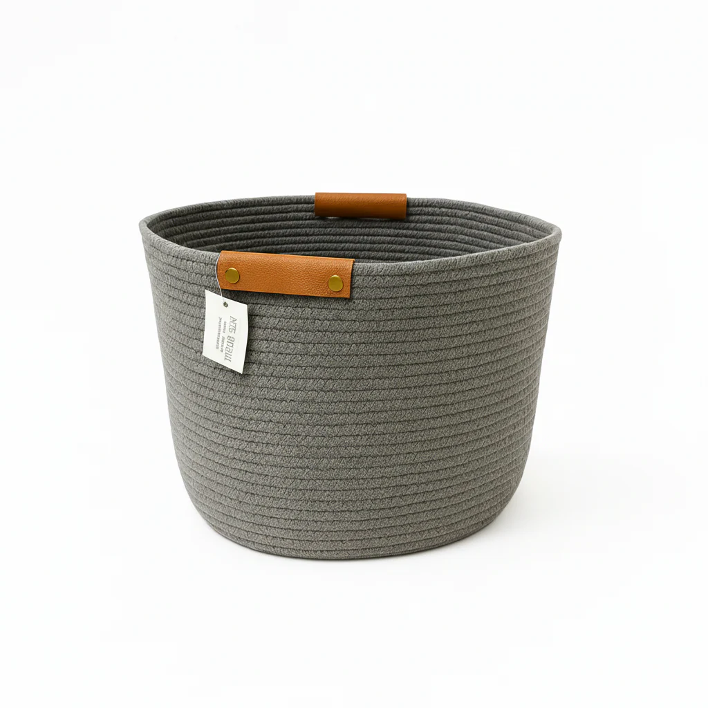 Frankly Cotton Dark Grey Basket with Tan Holders - Image 2