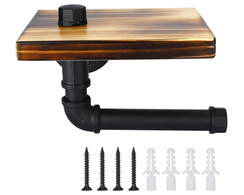 Industrial Toilet Paper Holder with Rustic Wooden Shelf - Image 3
