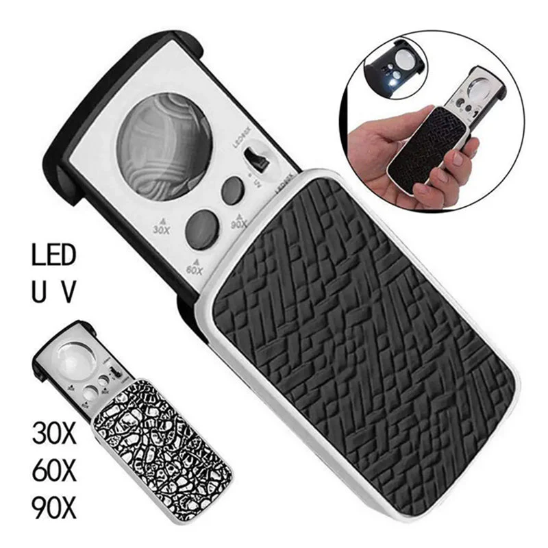 Jewelry Loupe Magnifier with UV LED Light 30X 60X 90X Slide Out Pocket Magn... S - Image 2