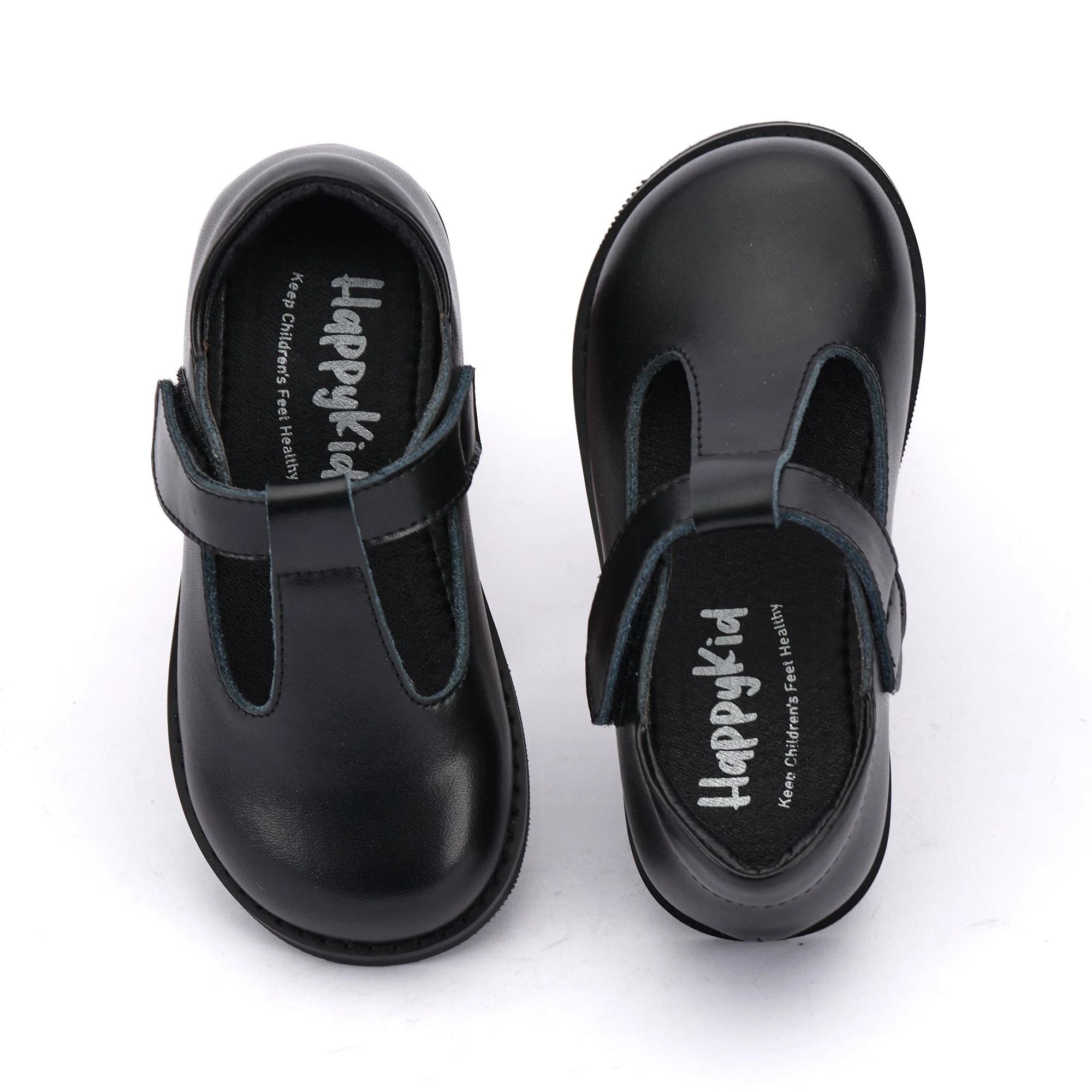 Happy Kid Girls School Shoes, Premium Black Leather, Classic T-Bar with Velcro Strap, Durable Everyday Wear