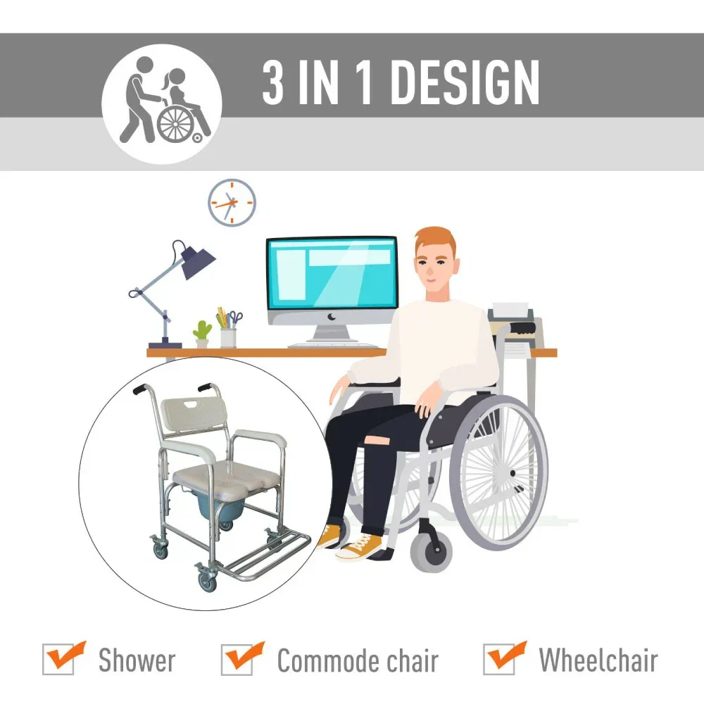 Mobile Shower Toilet Commode Chair Bath Wheelchair 4 in 1 Bath Stool Folding with Arms - Image 8