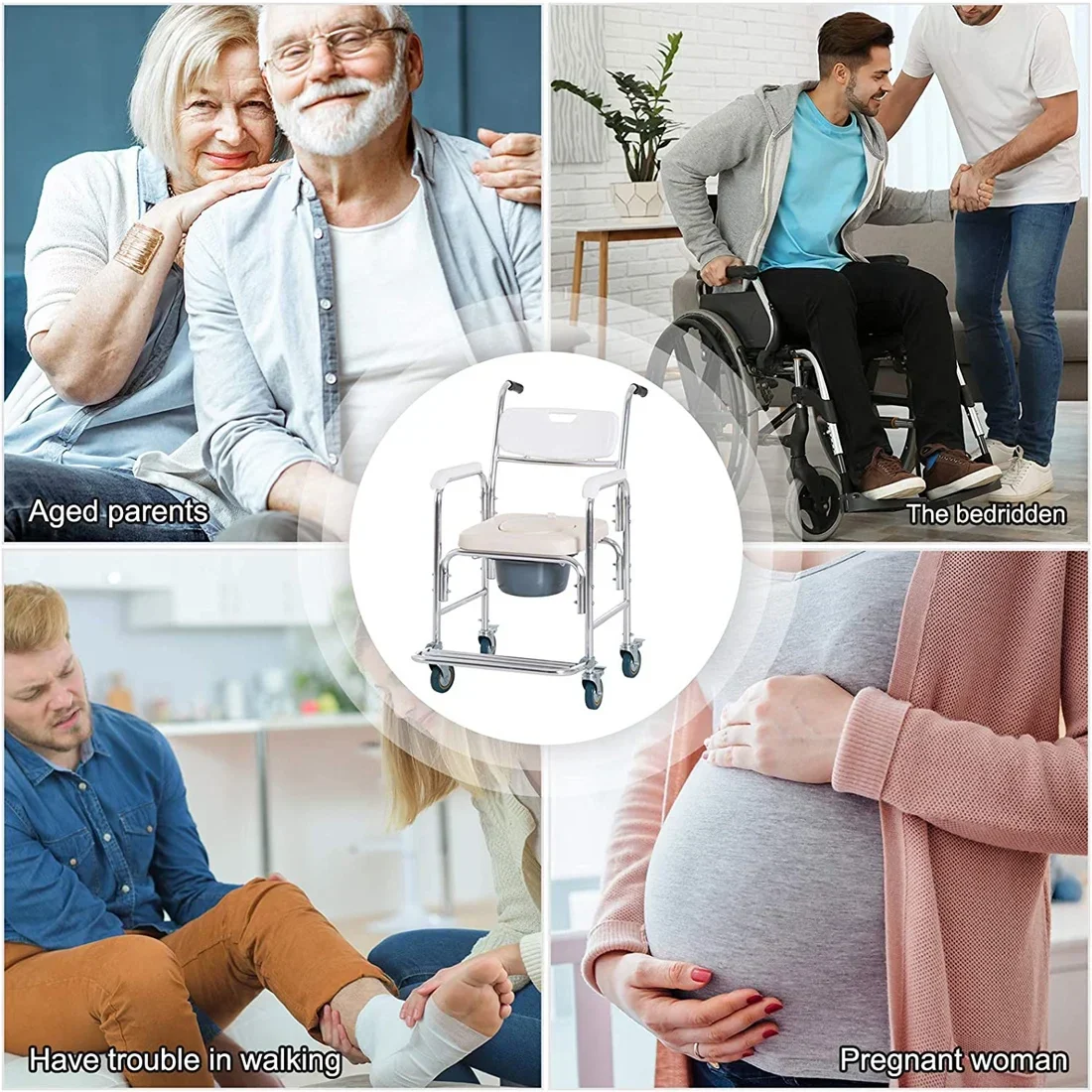 Mobile Shower Toilet Commode Chair Bath Wheelchair 4 in 1 Bath Stool Folding with Arms - Image 9