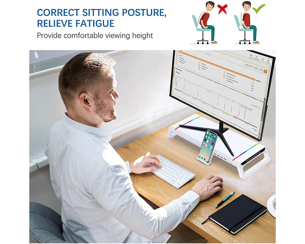 Monitor Stand Riser – White RGB Monitor Stand Riser with USB Hub - Image 7
