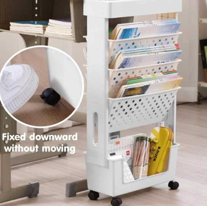 Movable Bookshelf Cart, 5-Tier Plastic Rolling Utility Cart - Image 4
