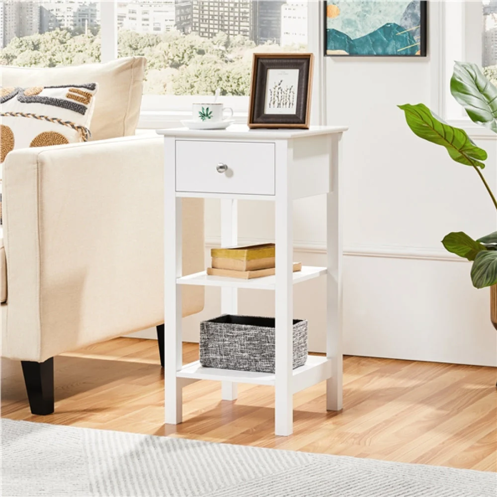 Narrow Bedside Table Nightstand with 1 Drawer 2 Shelves - Image 10