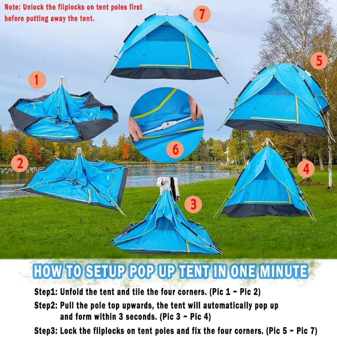Pop Up Tent Family Camping Tent 3-4 Person Tent (Blue) - Image 2