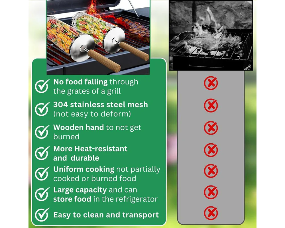Rolling Grill Basket – Stainless Steel BBQ Net Tube for Meat, Vegetables & Seafood Outdoor Cooking - Image 6