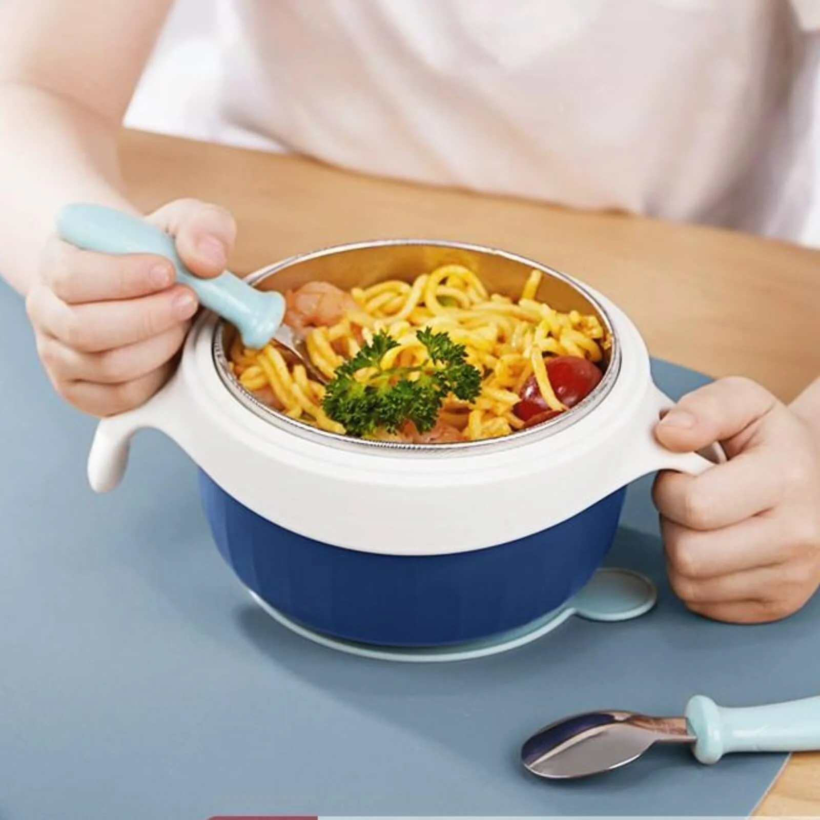 Thermal Stainless Steel Baby Toddler Suction Bowl Set (Spoon Fork )-Blue - Image 3