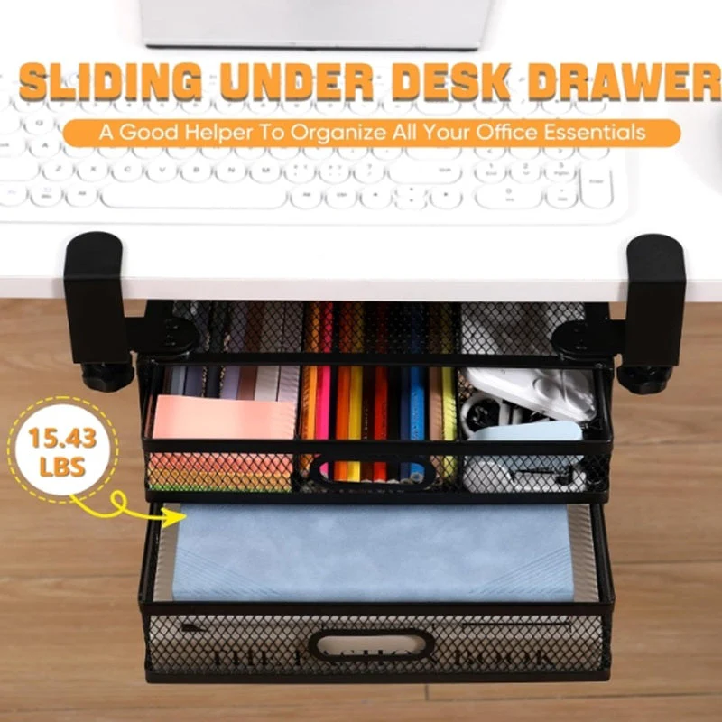 Under Desk Drawer Organizer with 2 Sliding Pull-out Mesh Metal Drawer - Image 2