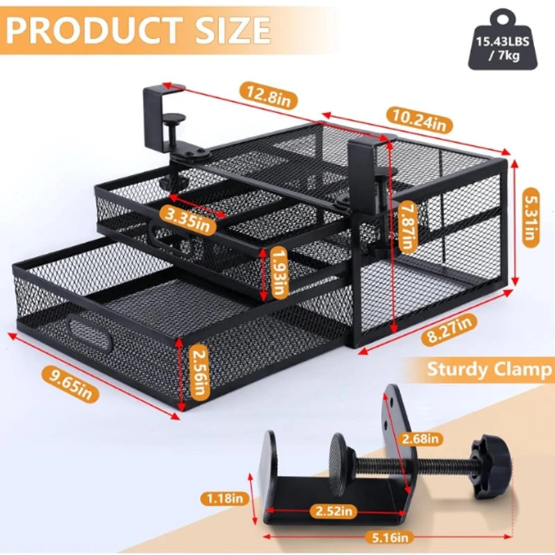 Under Desk Drawer Organizer with 2 Sliding Pull-out Mesh Metal Drawer - Image 6