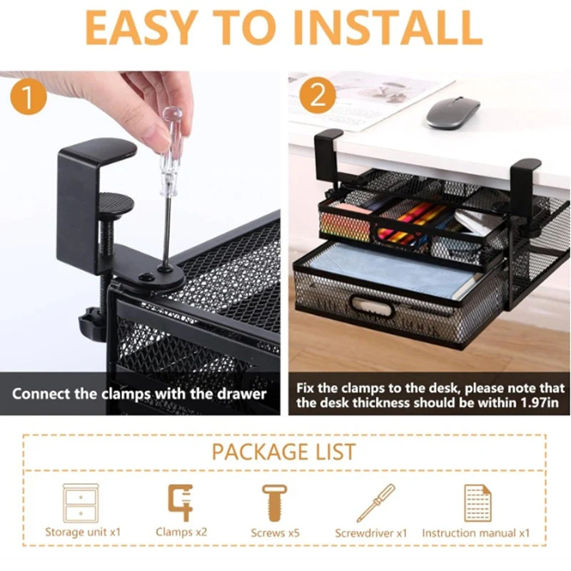 Under Desk Drawer Organizer with 2 Sliding Pull-out Mesh Metal Drawer - Image 7
