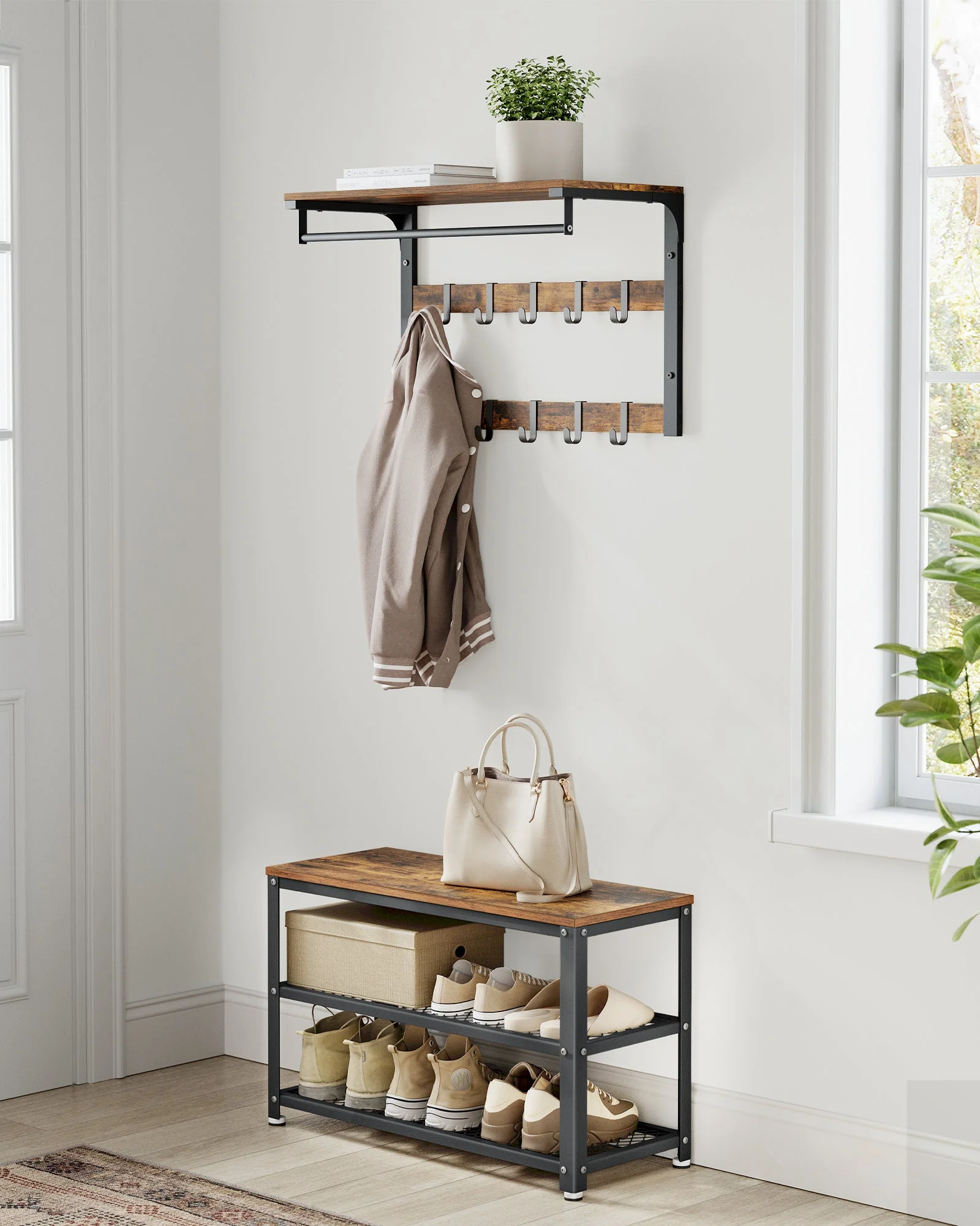 VASAGLE Shoe Storage Bench Rack with 2 Shelves - Rustic Brown - Image 8