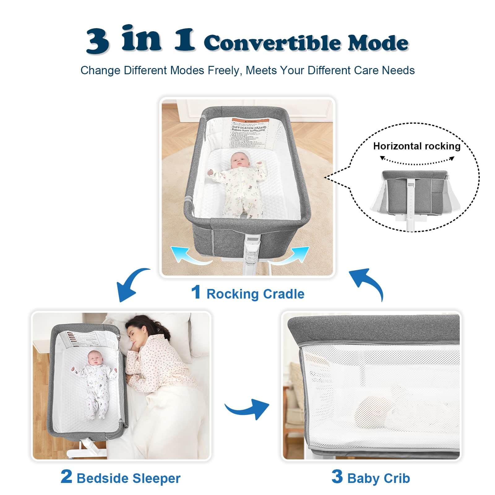 White Portable & Adjustable Electric Baby Crib/ Baby Bassinet Bedside Sleeper 2 Rocking Motion - Image 5